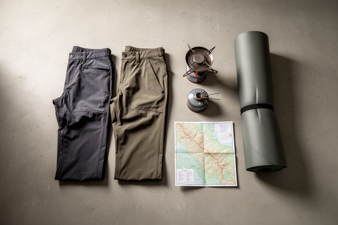 Overhead flat lay of hiking trousers, stove, sleeping pad and trail map on concrete
