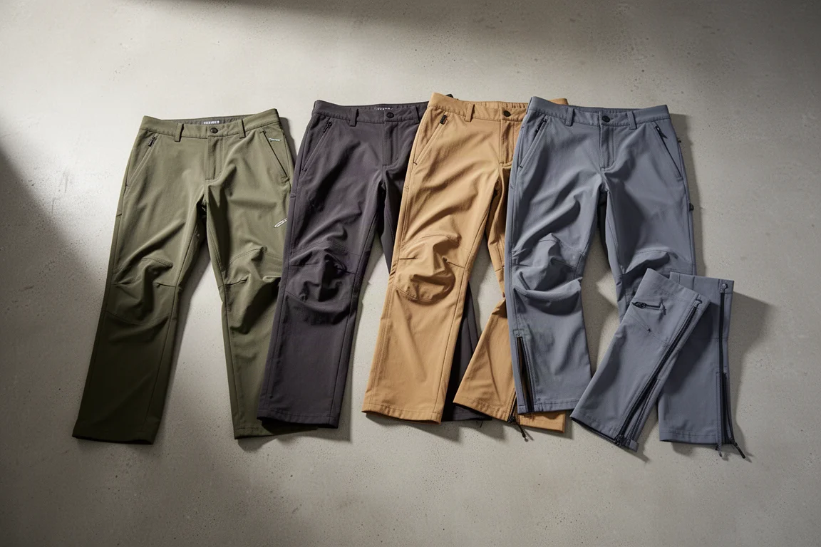 Four pairs of synthetic hiking trousers arranged on a concrete surface