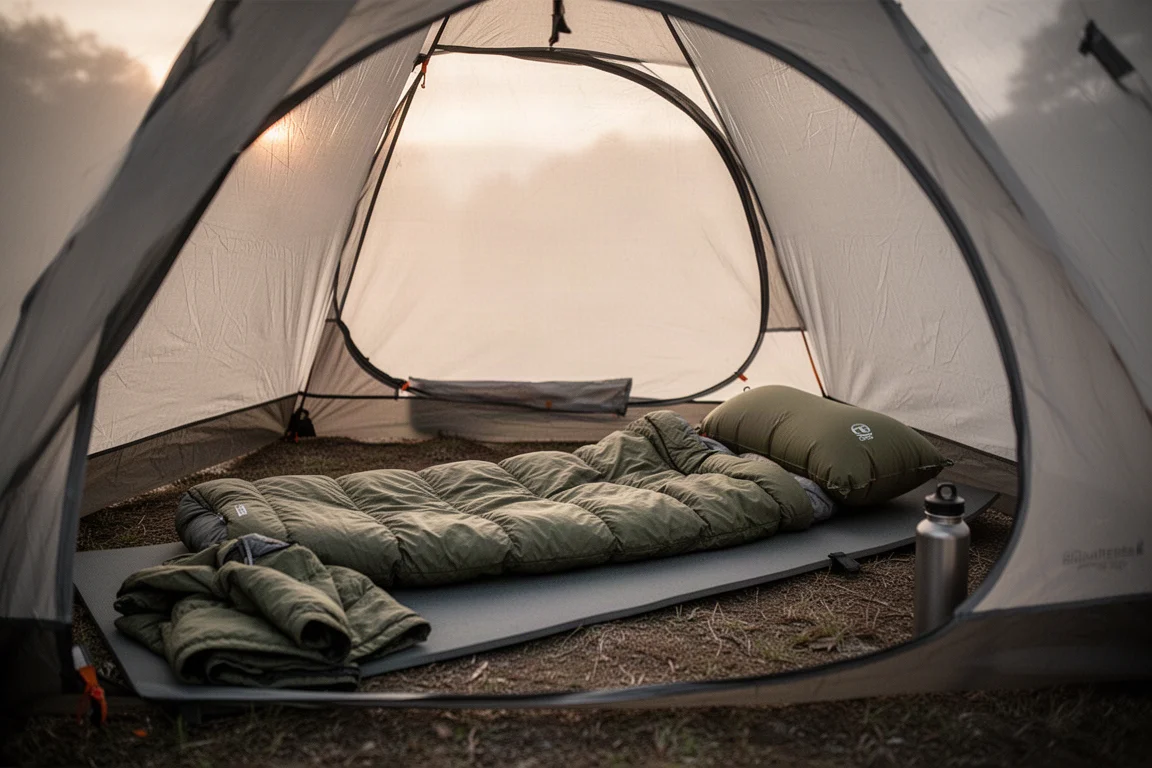 Tentinterieur bij zonsopgang met een slaapmat, kussen en quilt