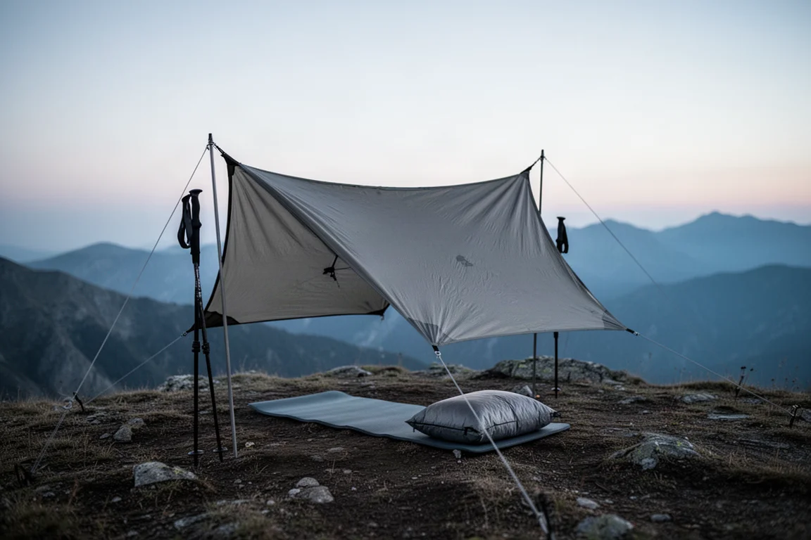 Flat-lay van ultralight backpackingslaapuitrusting op verweerd beton