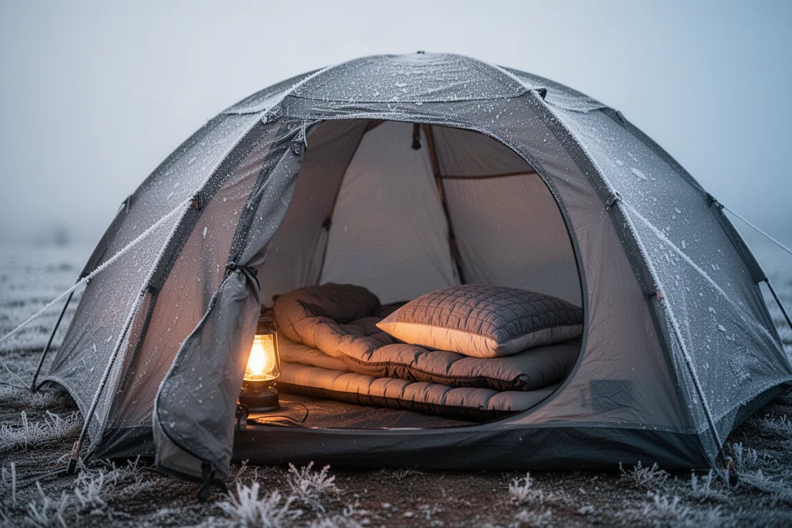 Woestijnkampeerplaats in de schemering met een warm verlichte tent en zichtbare slaapmat