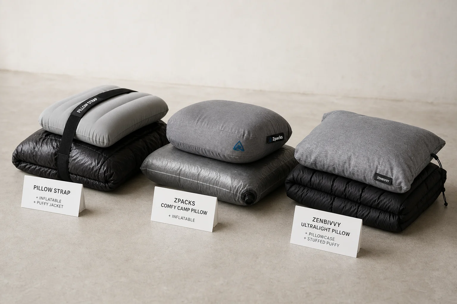 Three hybrid backpacking pillow systems displayed on concrete surface