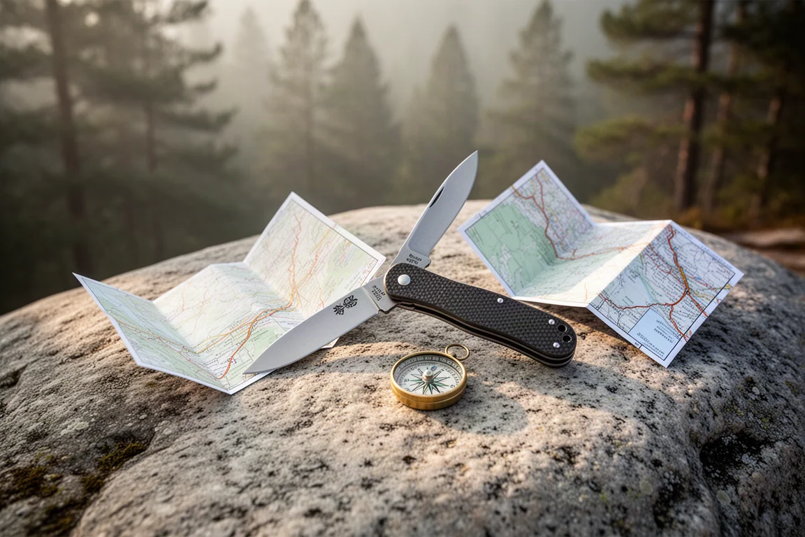 Open folding knife resting on a granite rock beside a folded trail map in morning light