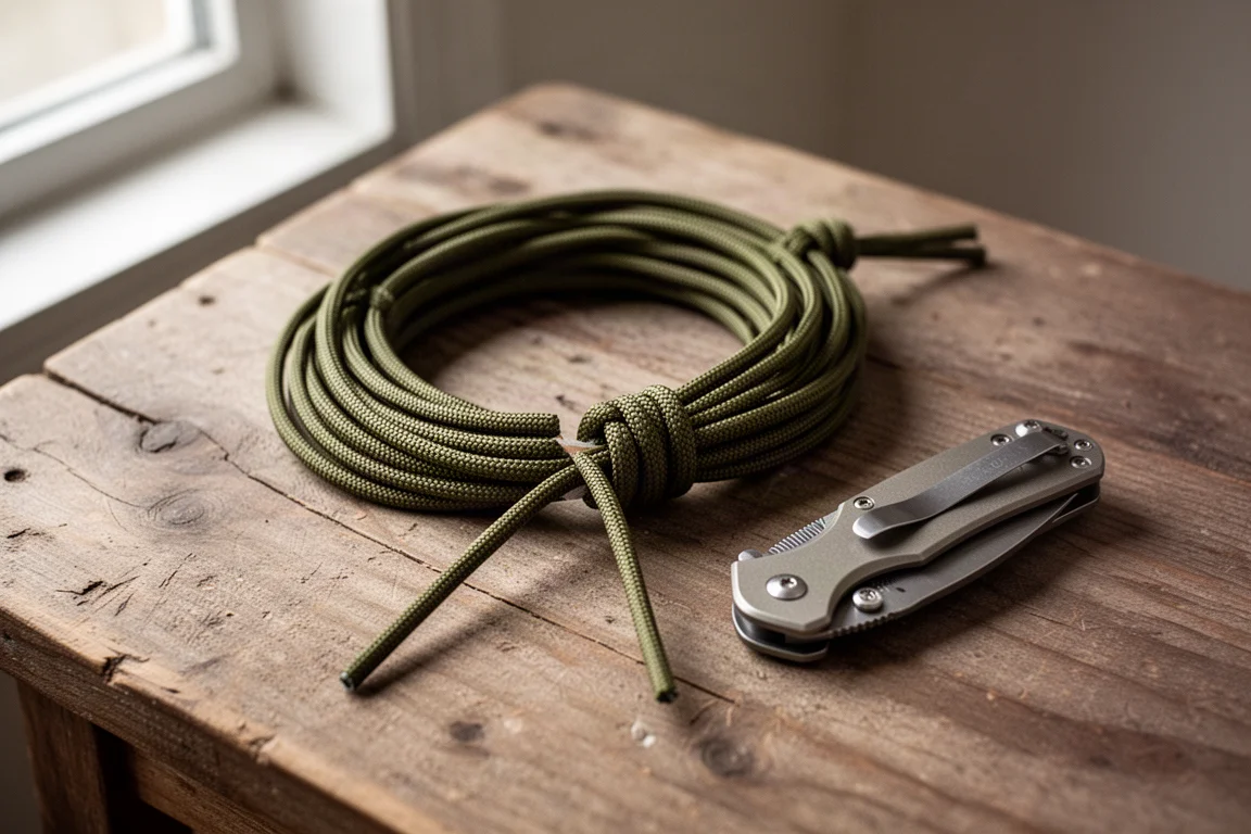 Coil of paracord with a freshly cut end and a small folding knife resting on weathered wood