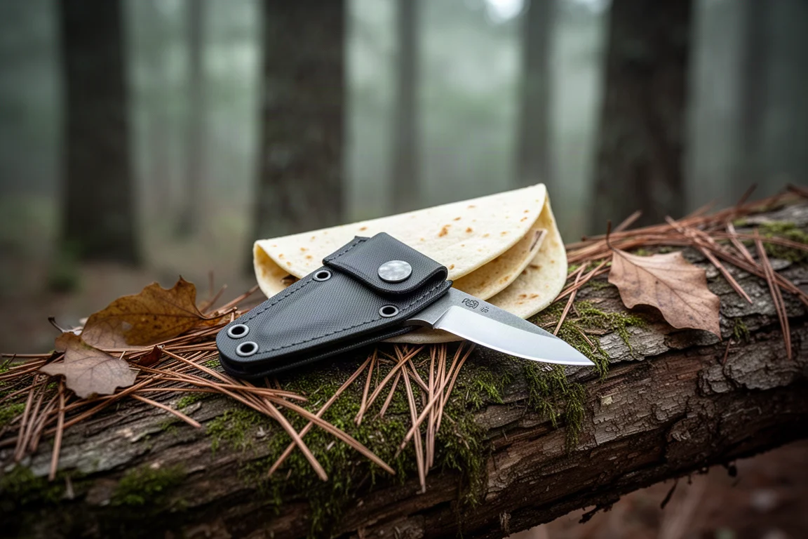 Small fixed blade knife in a folded sheath lying on a mossy log with pine needles