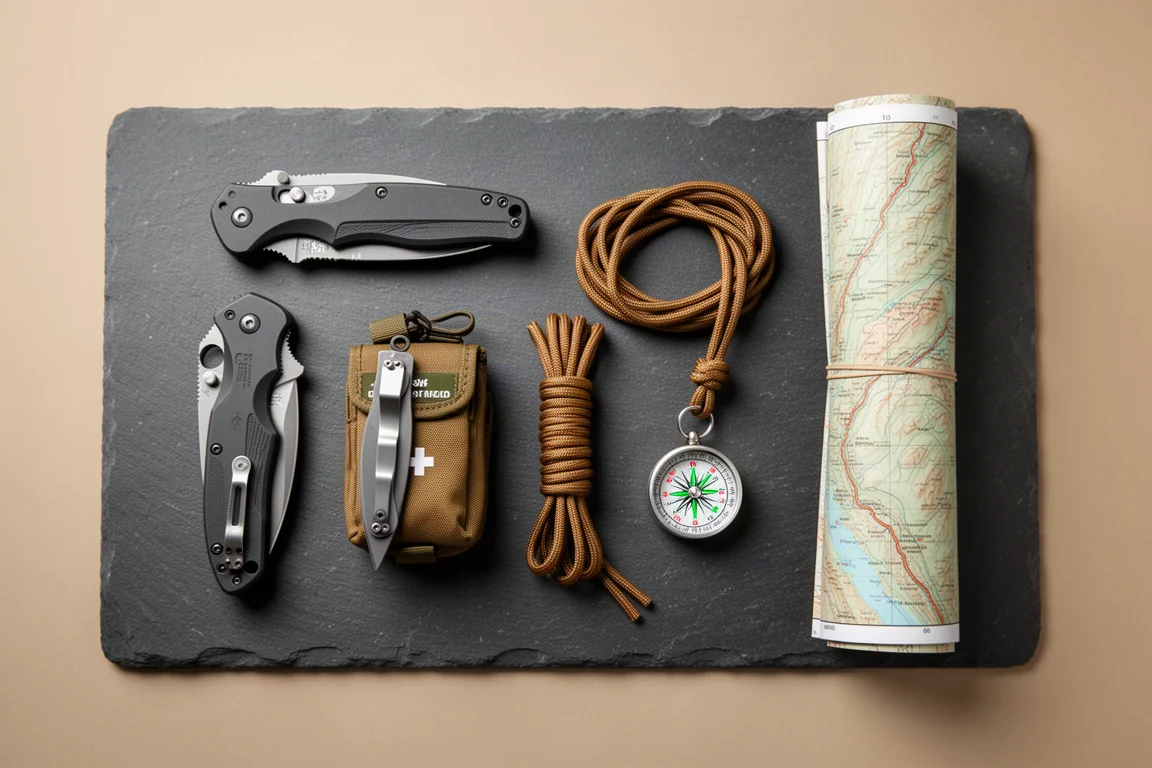Overhead flat lay of backpacking essentials including closed folding knives on a slate surface