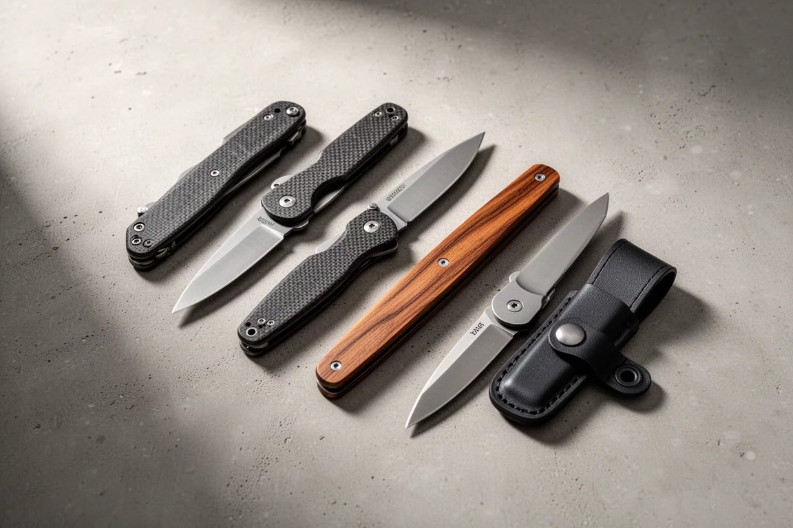 Flat lay of six compact folding and fixed blade knives on a matte concrete surface