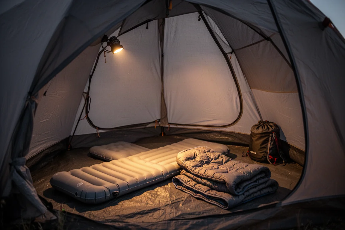 Innenraum eines Trekkingzelts in der Dämmerung mit ausgelegter Isomatte und Quilt