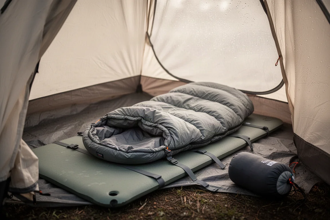 Backpacking-Quilt mit Mattenriemen über einer Isomatte in einem Zelt
