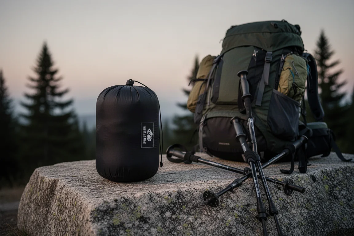 Frostig alpincampingplats vid soluppgång med ett lågt tält på frusen mark