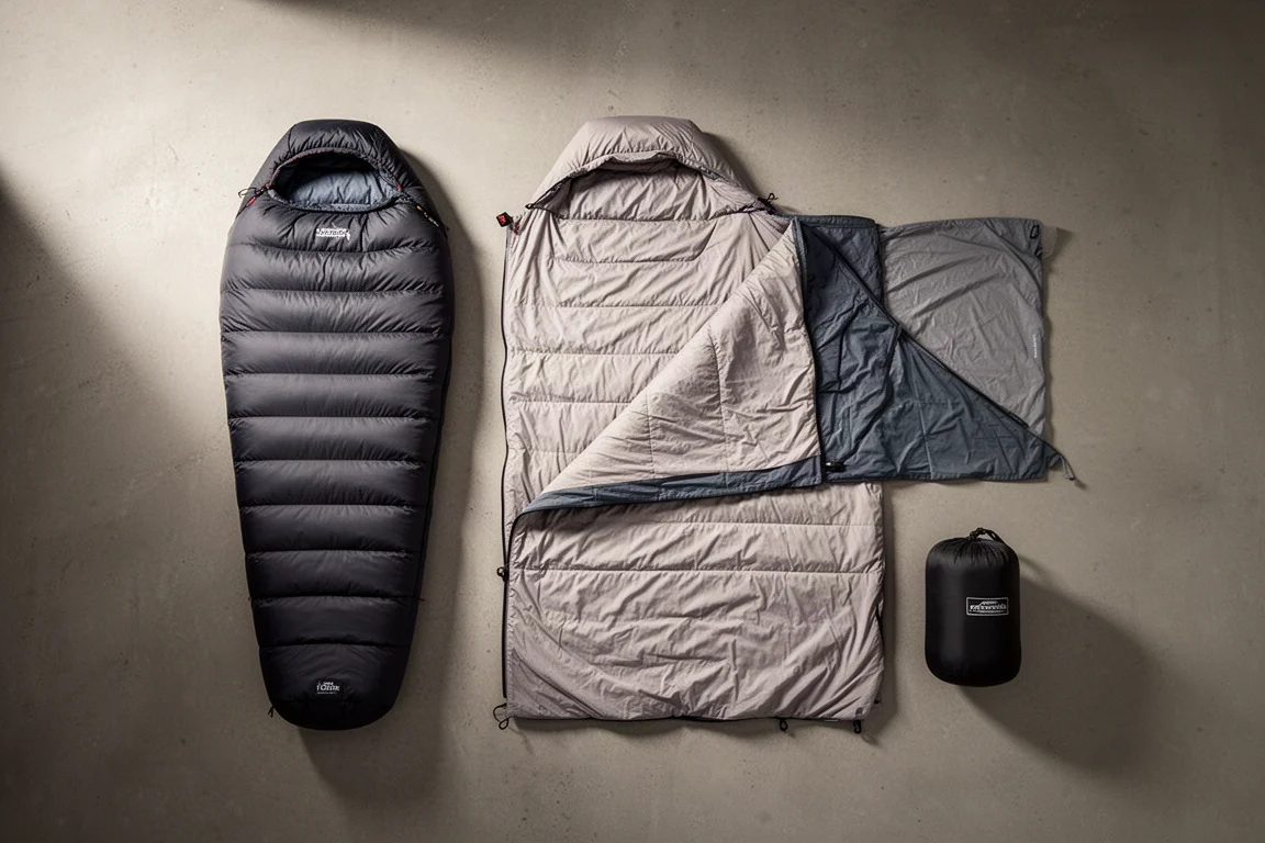 Six backpacking sleeping bags and a quilt system arranged in a row on a concrete floor