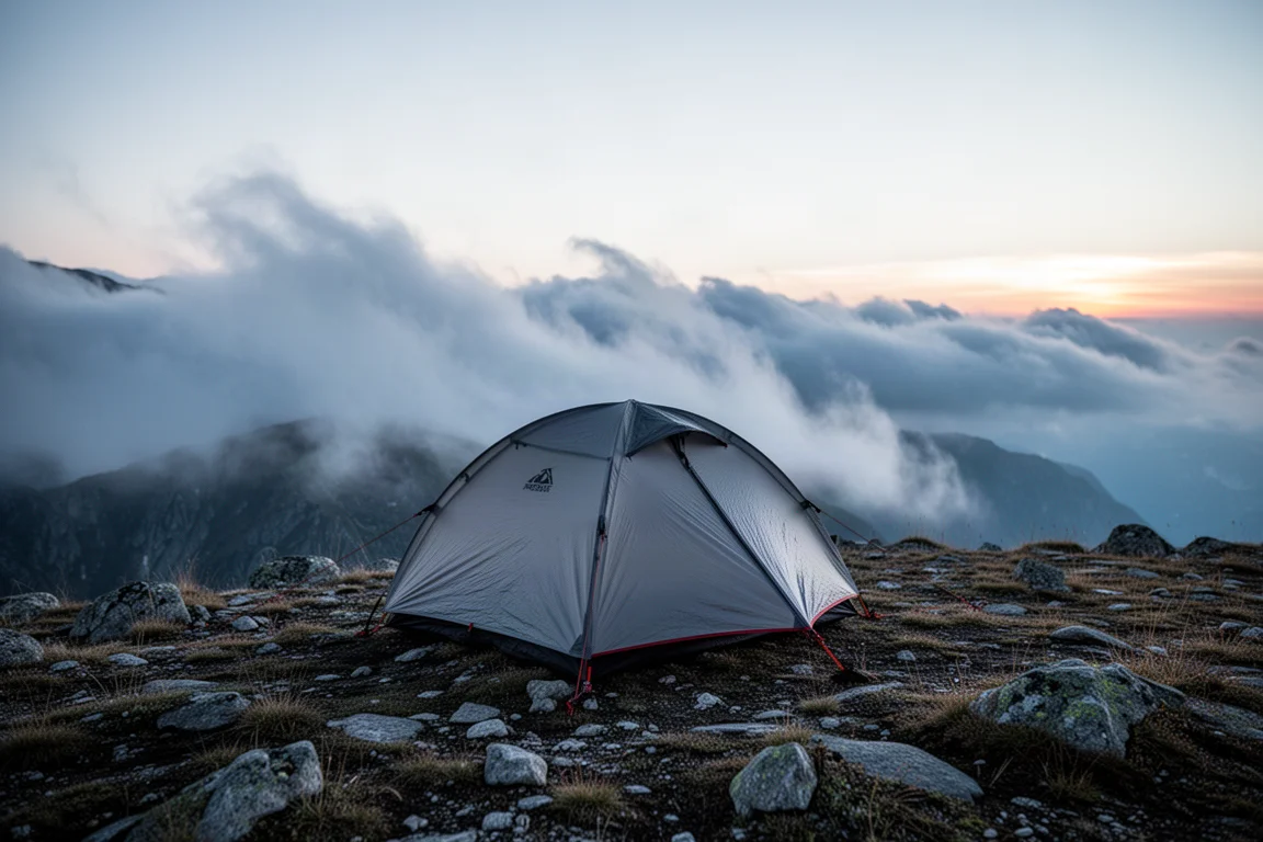 Tält på en utsatt bergskam i skymningen med låga moln och kallt ljus