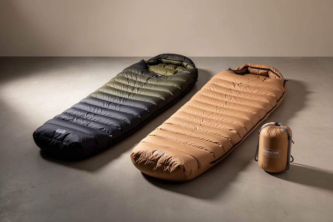 Down backpacking quilt and sleeping bag side by side on a concrete surface