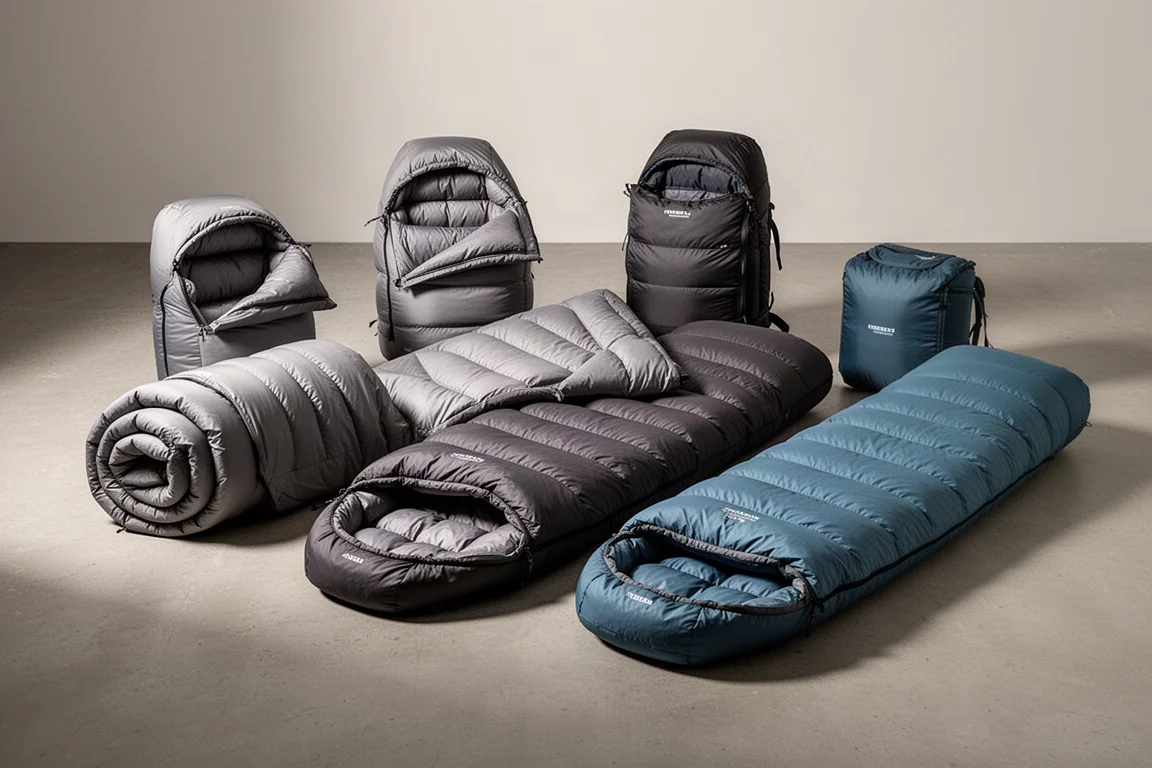 Six backpacking sleeping bags arranged on a matte concrete surface