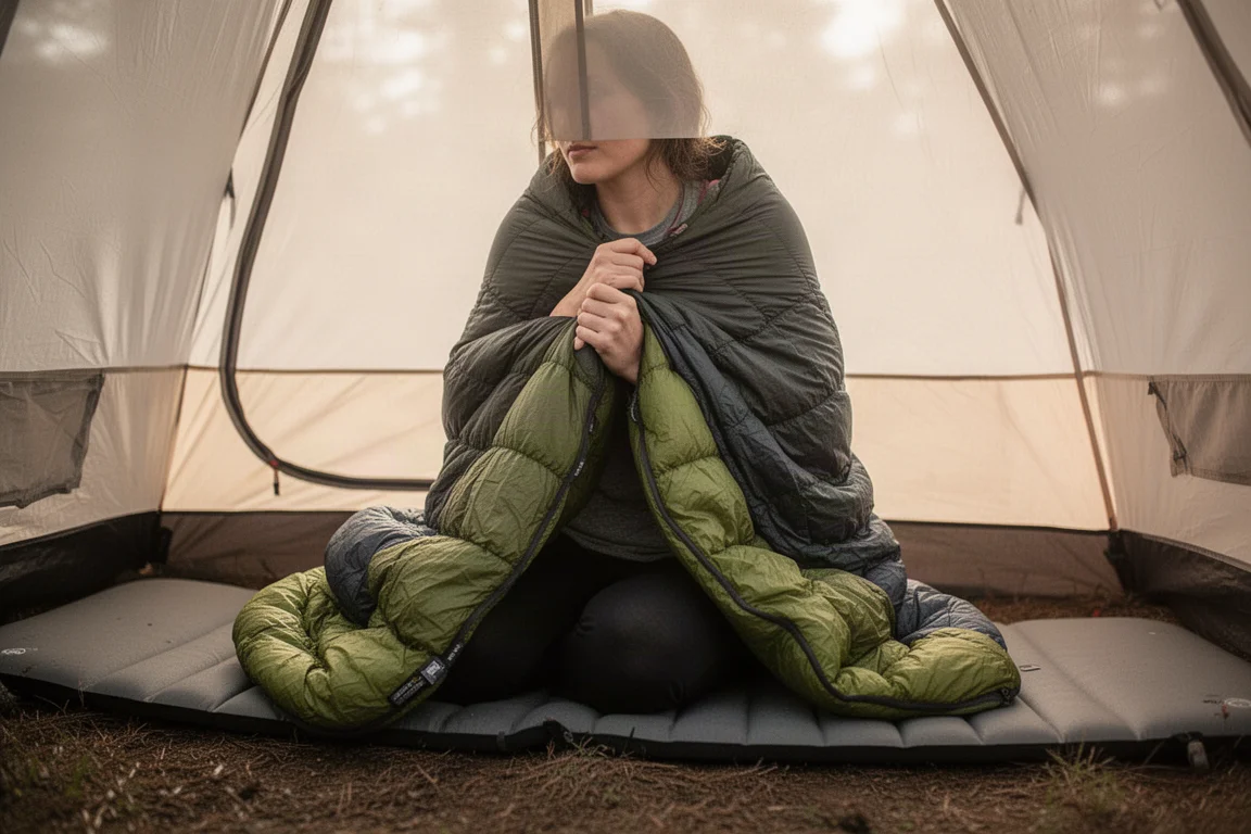 Campeggiatore che si avvolge in un quilt all'interno di una tenda