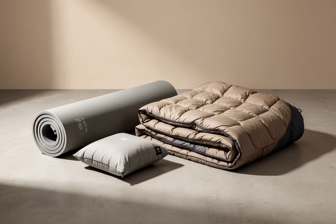 Backpacking sleep gear collection on a concrete surface