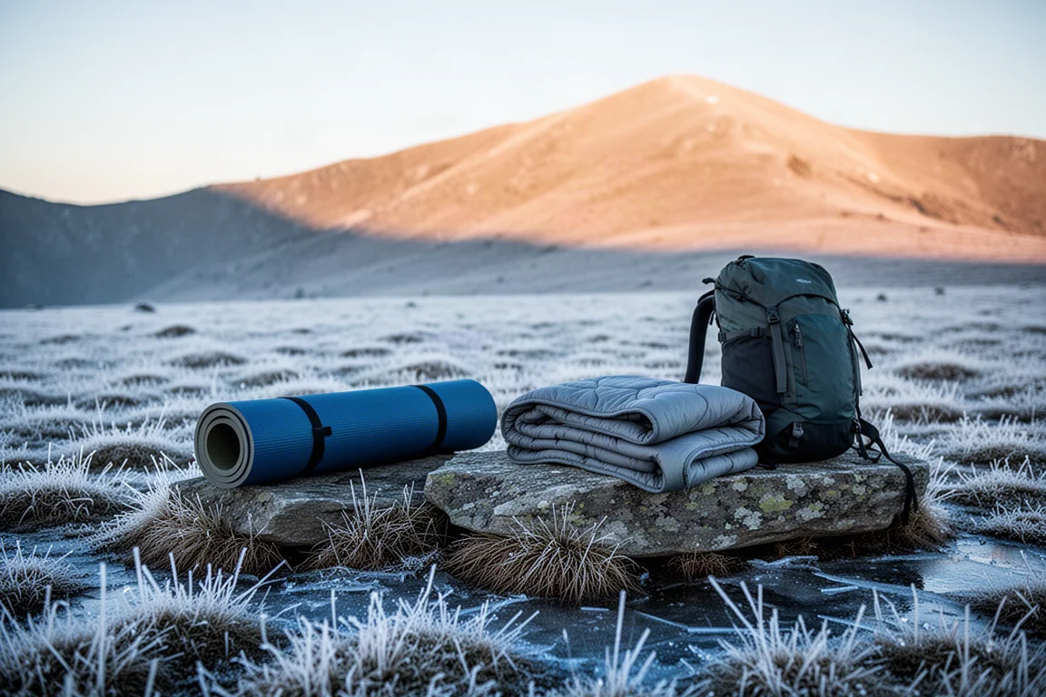Platt uppläggning av rullat underlag, vikt quilt, stuff sack och kudde på träplankor
