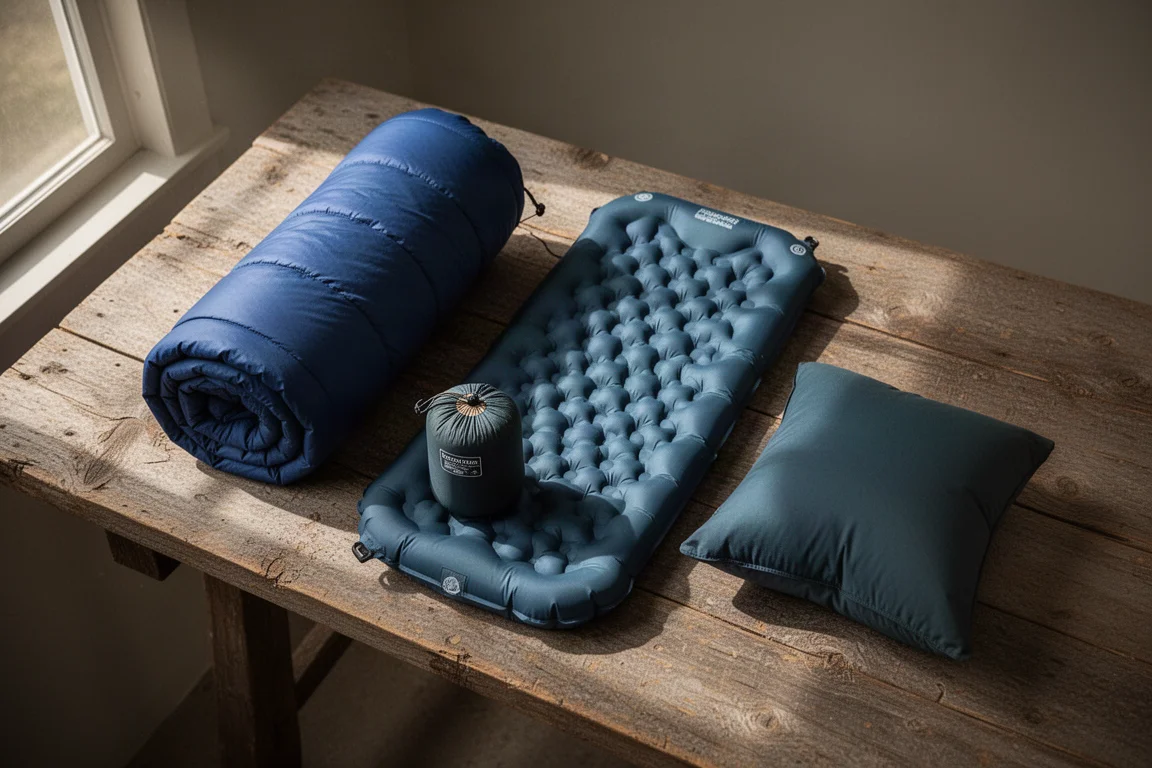 Flat-lay of backpacking sleeping pad, mummy bag, quilt, and packable pillow on concrete