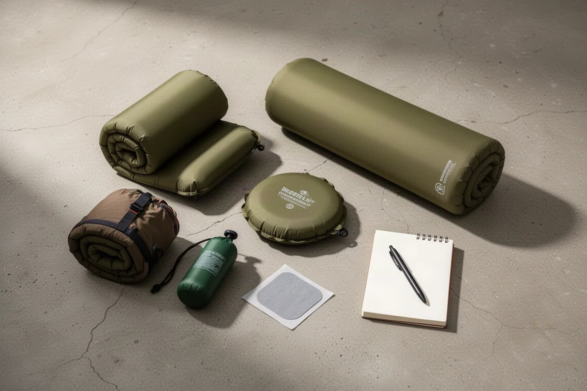 Packad vandringsryggsäck med ett ihoprullat liggunderlag vid ett högt bergsläger