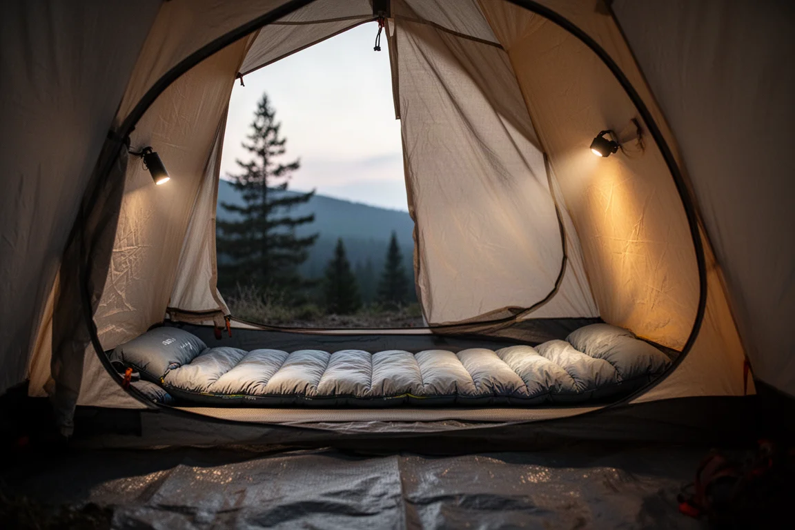Tent interior at dusk with a slim sleeping pad and quilt laid out on the floor