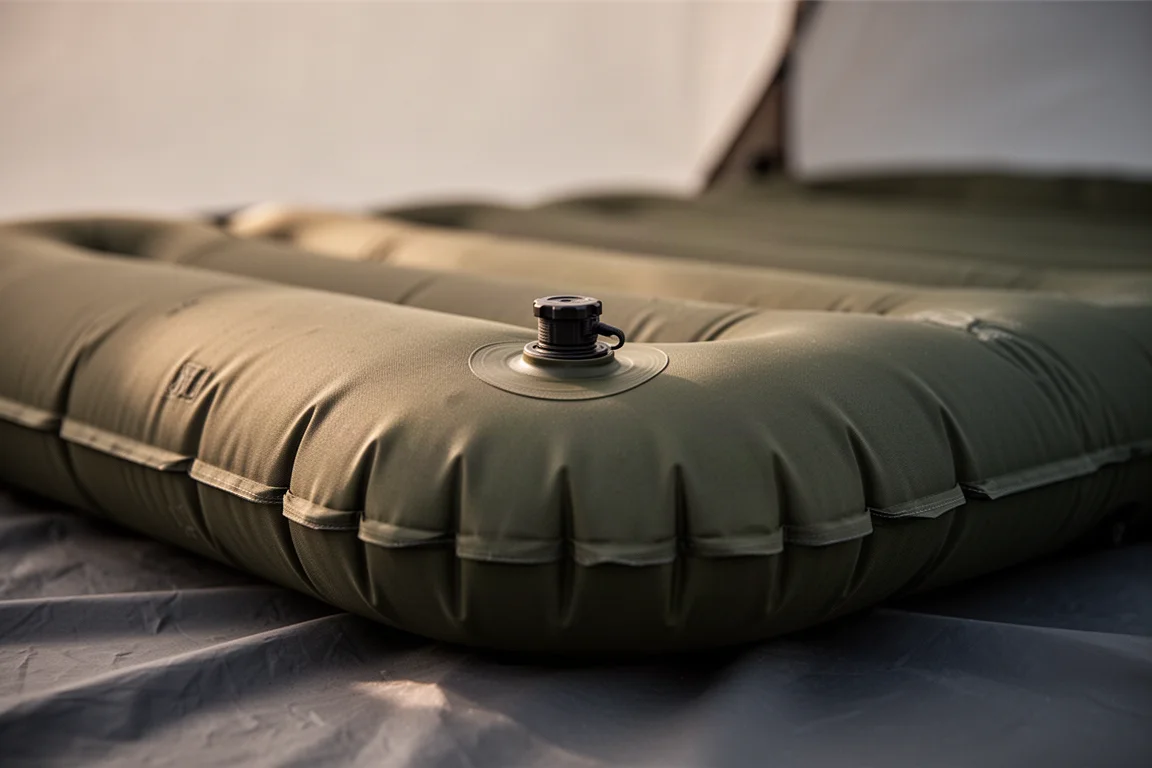 Close-up of a top-mounted inflation valve on a thick four-inch sleeping pad