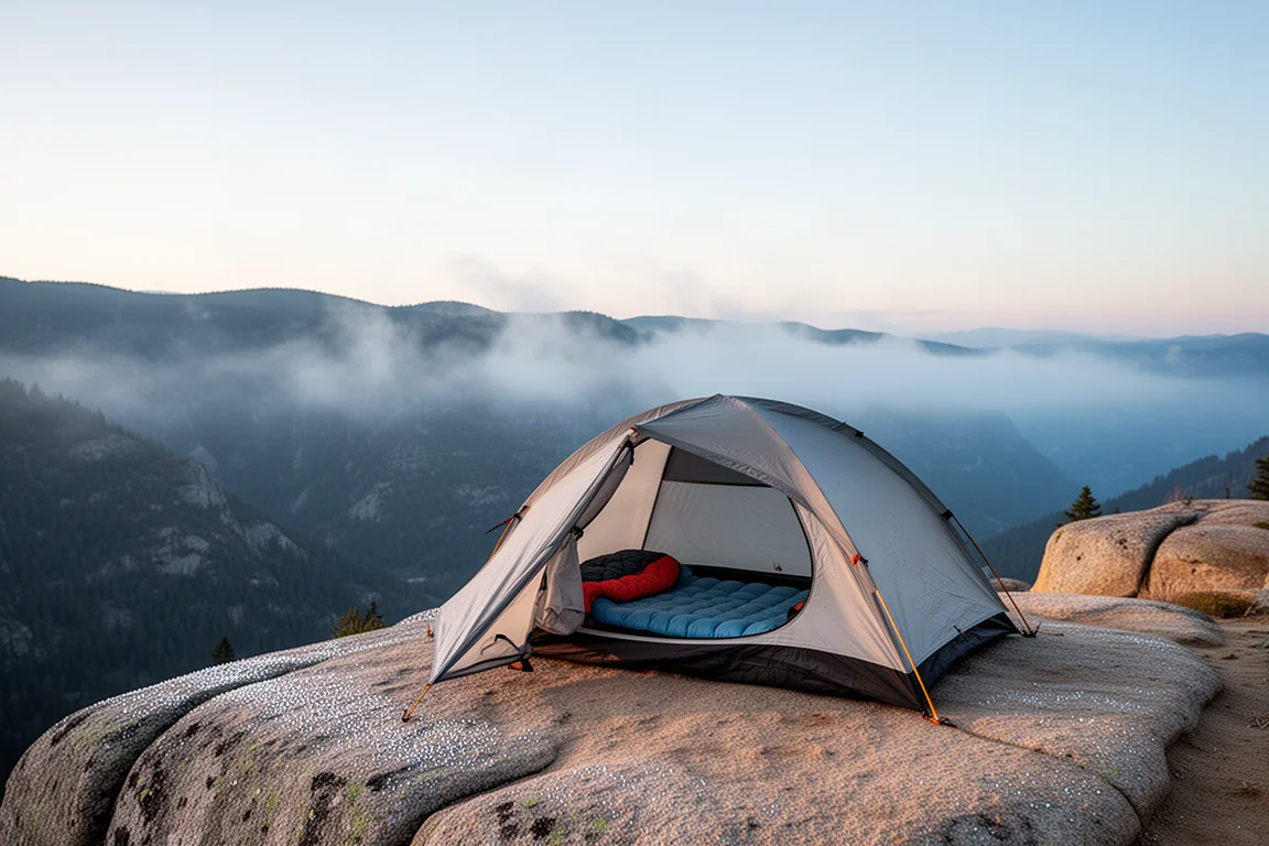 Campsite at first light on a granite ledge above a misty mountain valley