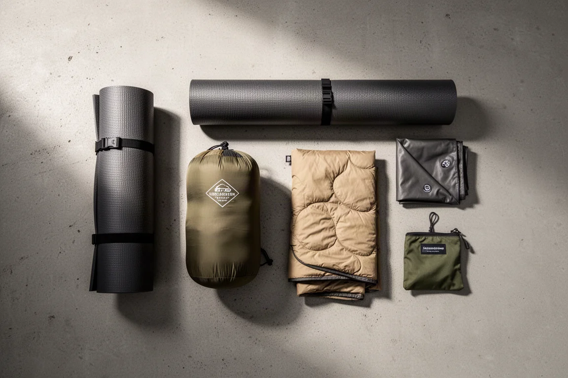Overhead flat-lay of a rolled sleeping pad, quilt, and groundsheet on concrete