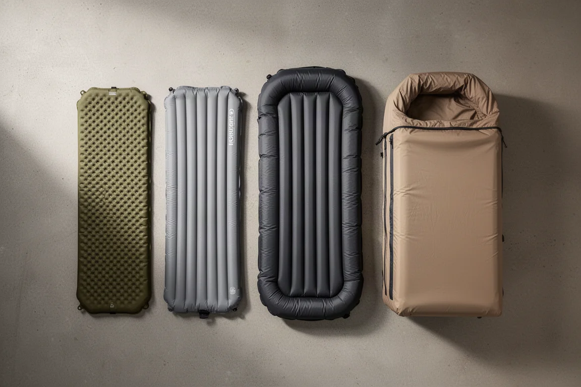 Four inflatable backpacking sleeping pads of different thicknesses laid in a row on concrete