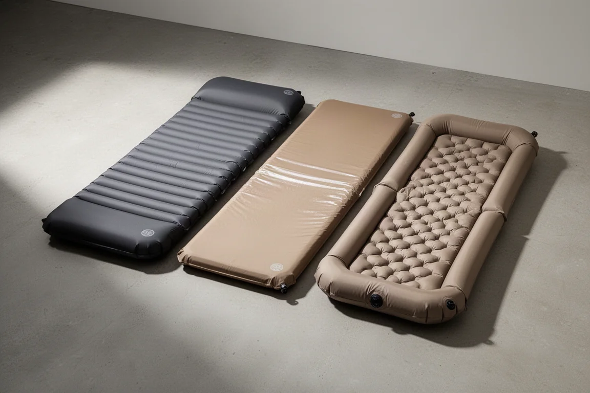 Three inflatable backpacking sleeping pads side by side on a concrete floor