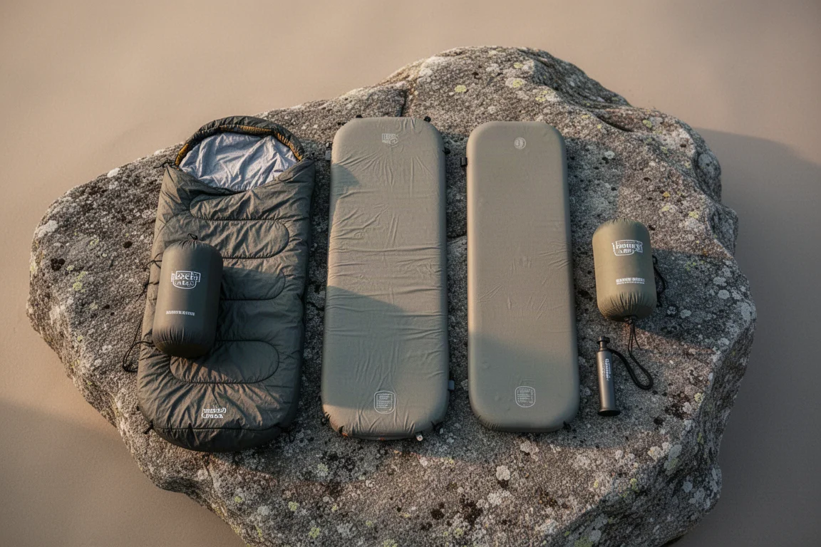 Flat-lay of three partially inflated sleeping pads and packed sleep gear on grey rock