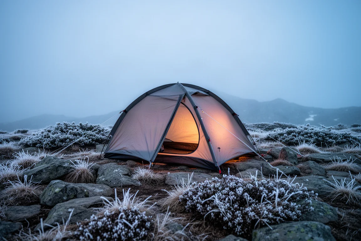 Small tent on a frosty alpine plateau at dusk with warm interior light
