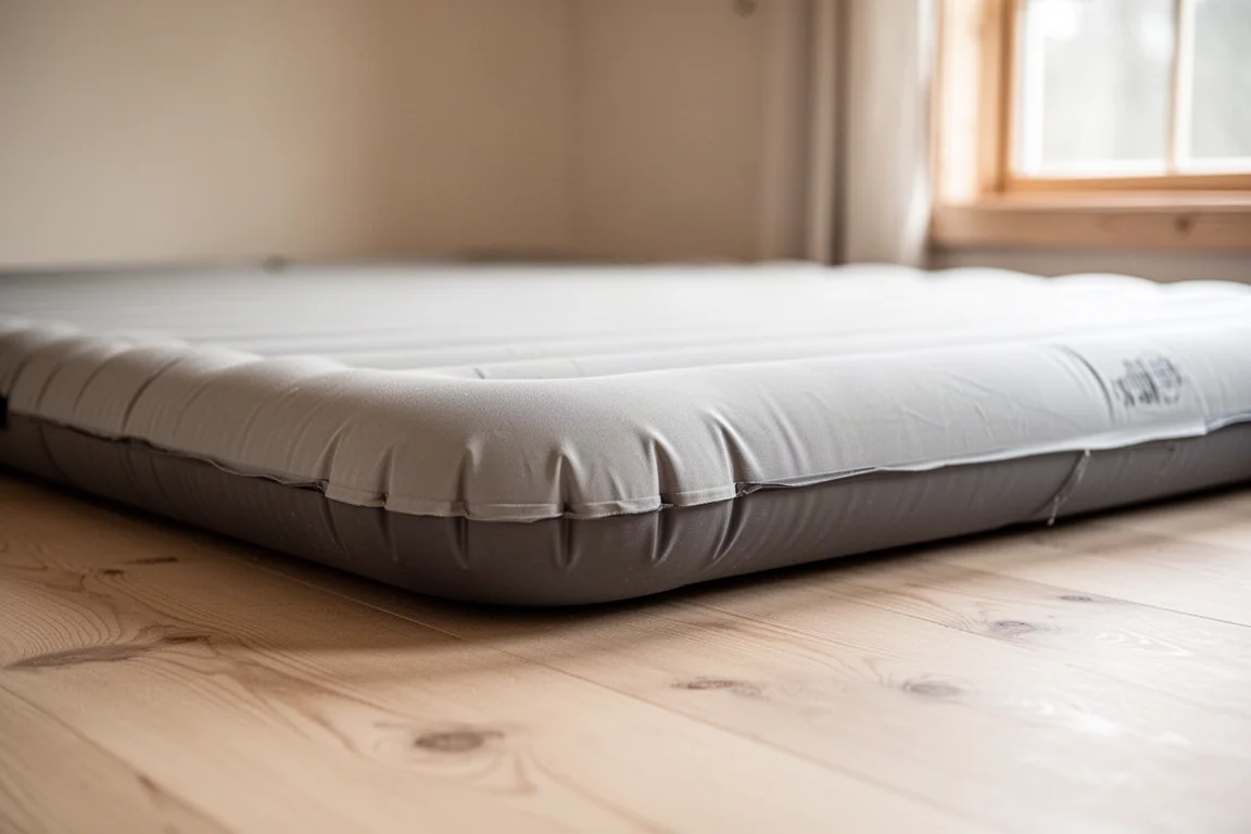 Close-up of a thick sleeping pad edge with raised sidewall on a wooden floor