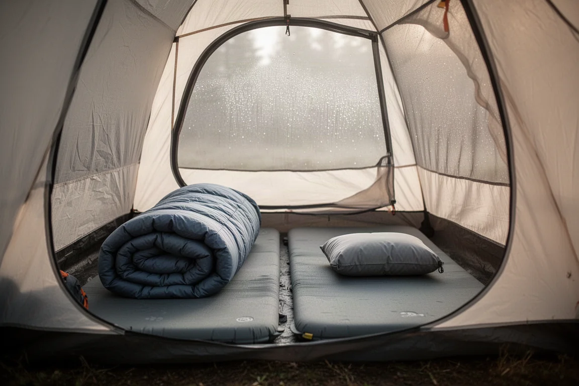 Two sleeping pads side by side inside a tent in soft morning light