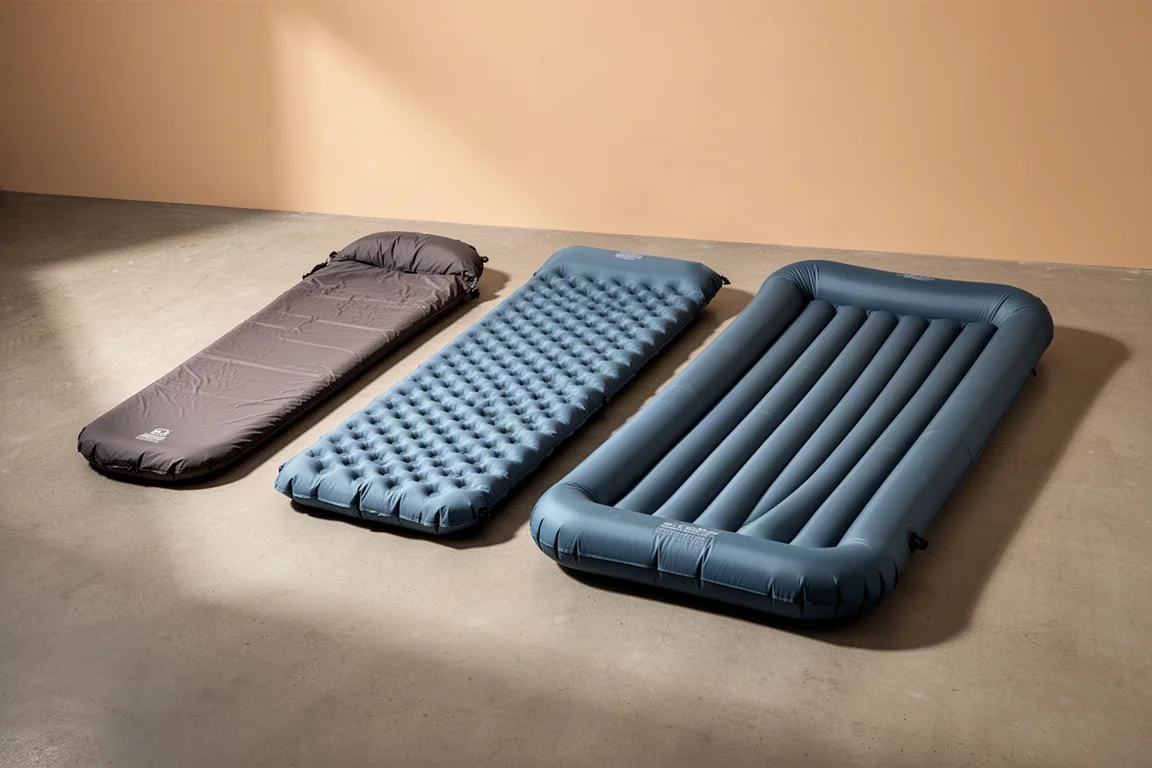 Three inflatable sleeping pads of different widths arranged in a row on a concrete floor