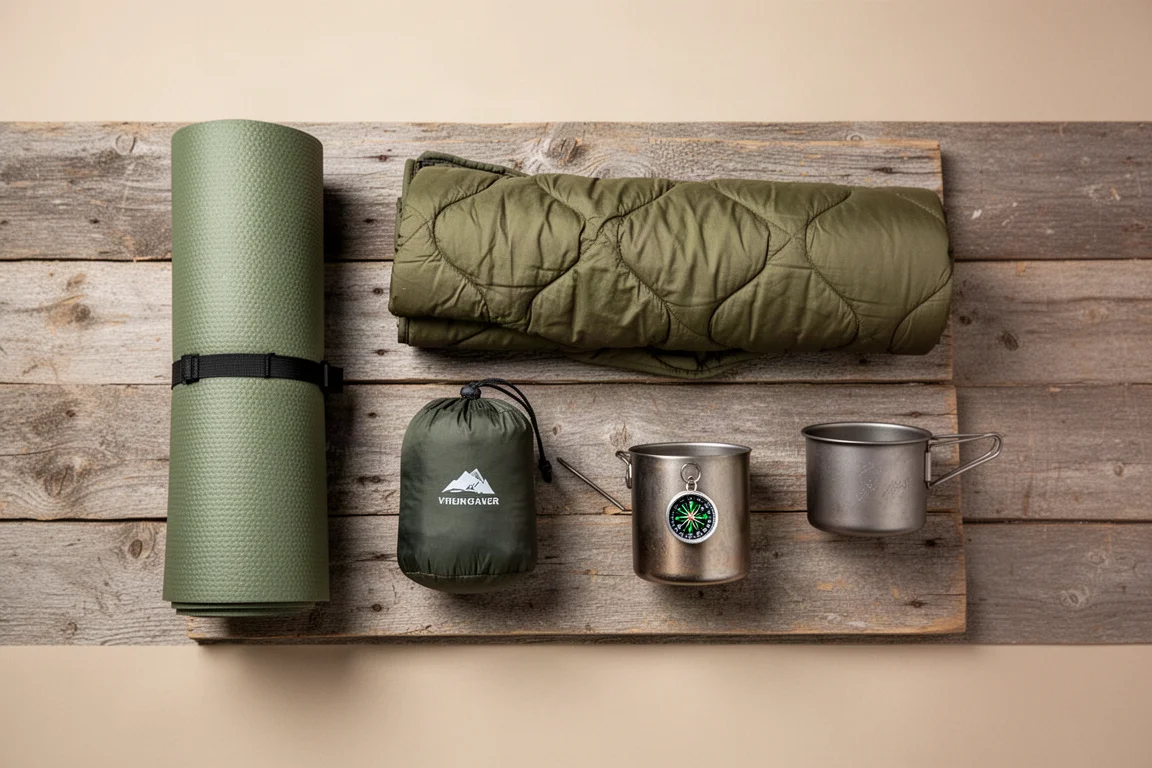 Ovanifrån platt layout av ett ihoprullat liggunderlag, quilt, packpåse, kastrull och kompass på träplankor