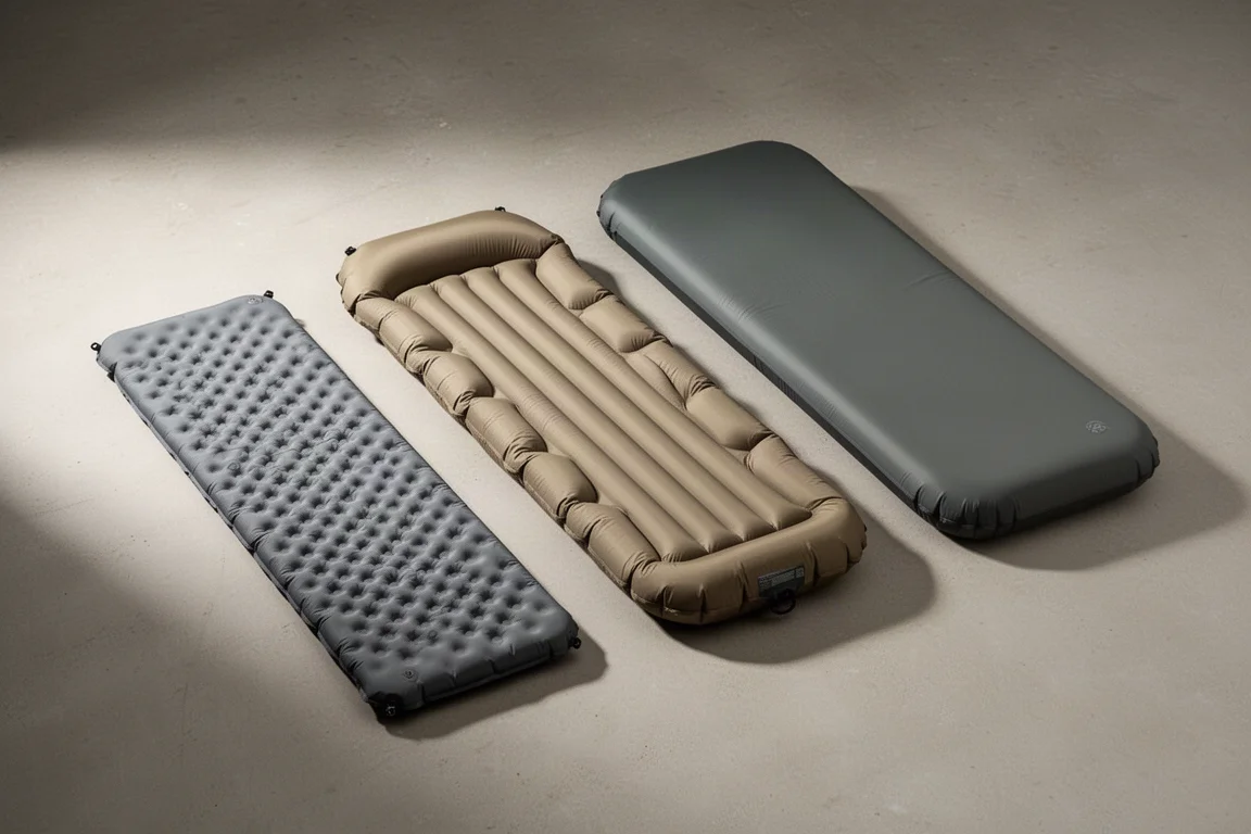 Three inflatable backpacking sleeping pads of different thicknesses in a row on a concrete floor