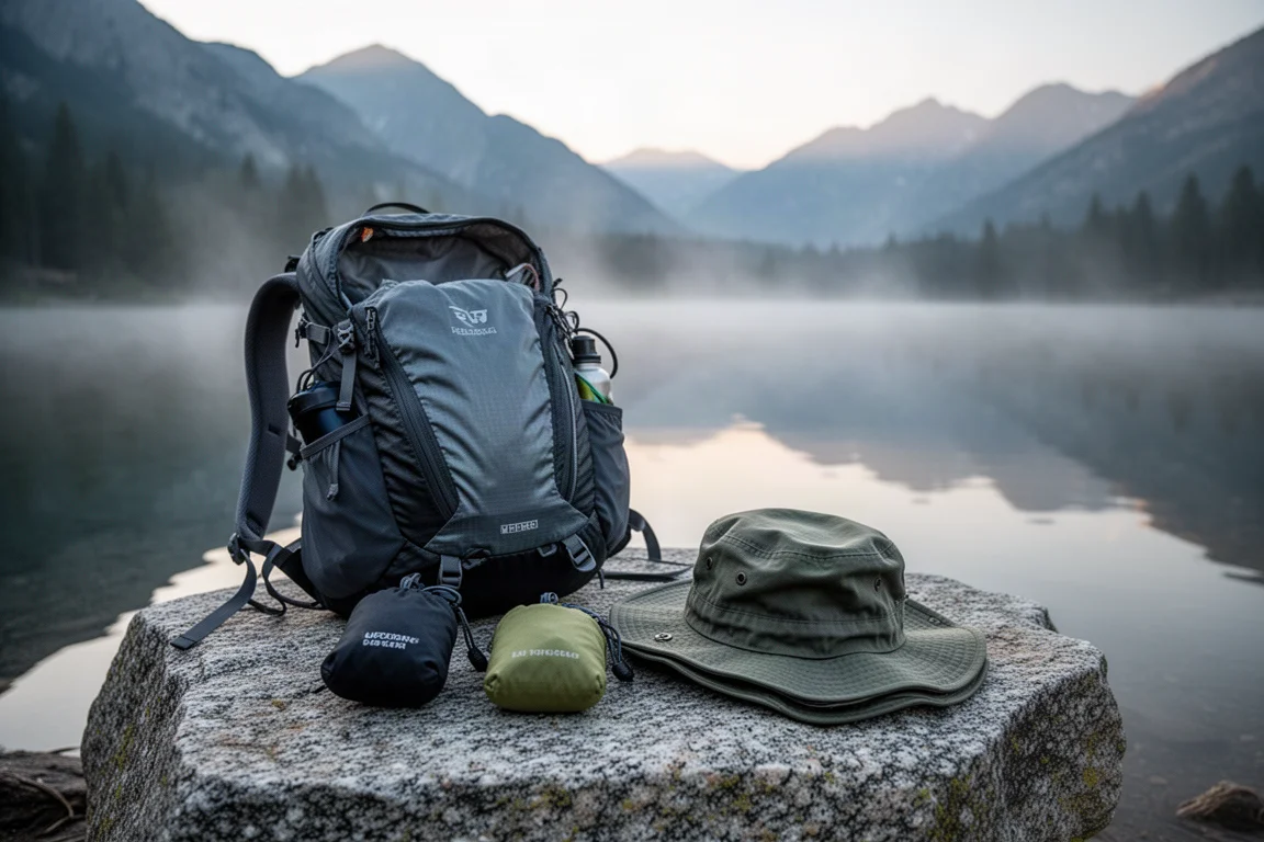 Mochila aberta e equipamentos pequenos dispostos sobre granito ao lado de lago na montanha ao amanhecer