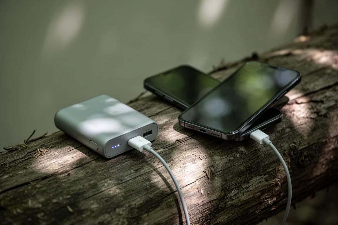 Power bank compacto carregando um smartphone sobre tronco de madeira em luz de floresta