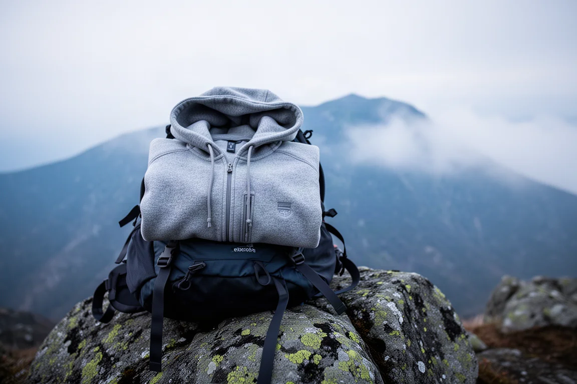Moletom fleece cinza leve dobrado sobre mochila em cume rochoso