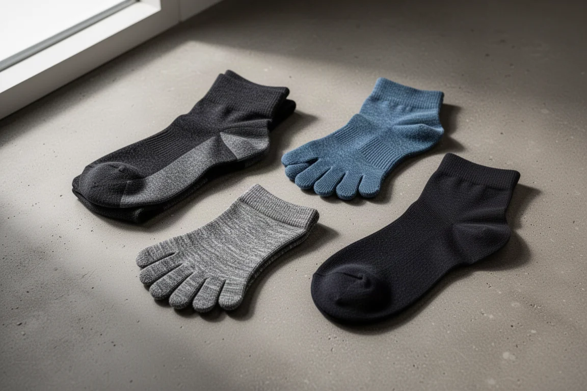 Four pairs of hiking socks arranged on a concrete surface in soft light
