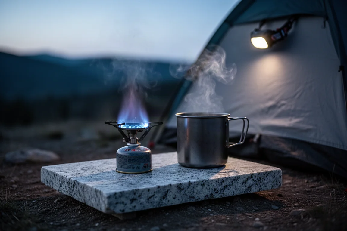 Canister stove burning with a blue flame beside a small pot at a dusk campsite