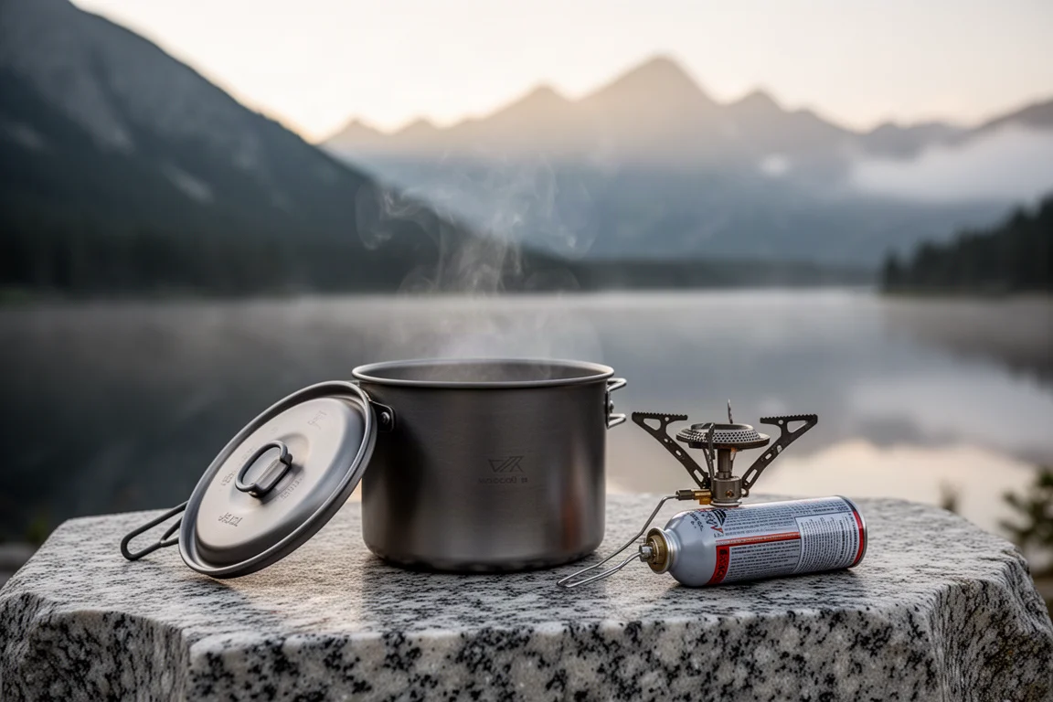 Titanium pot with a folded stove and gas canister laid out on rock beside an alpine lake