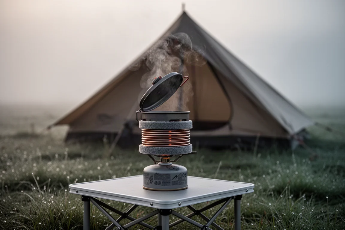 All-in-one canister stove system steaming on a camp table at first light