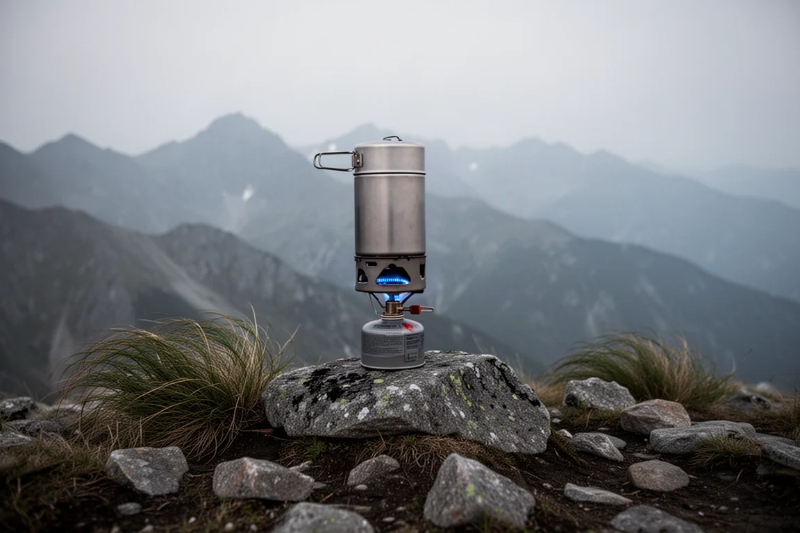 Canister stove on an exposed alpine ridge with wind-bent grass and blue flame