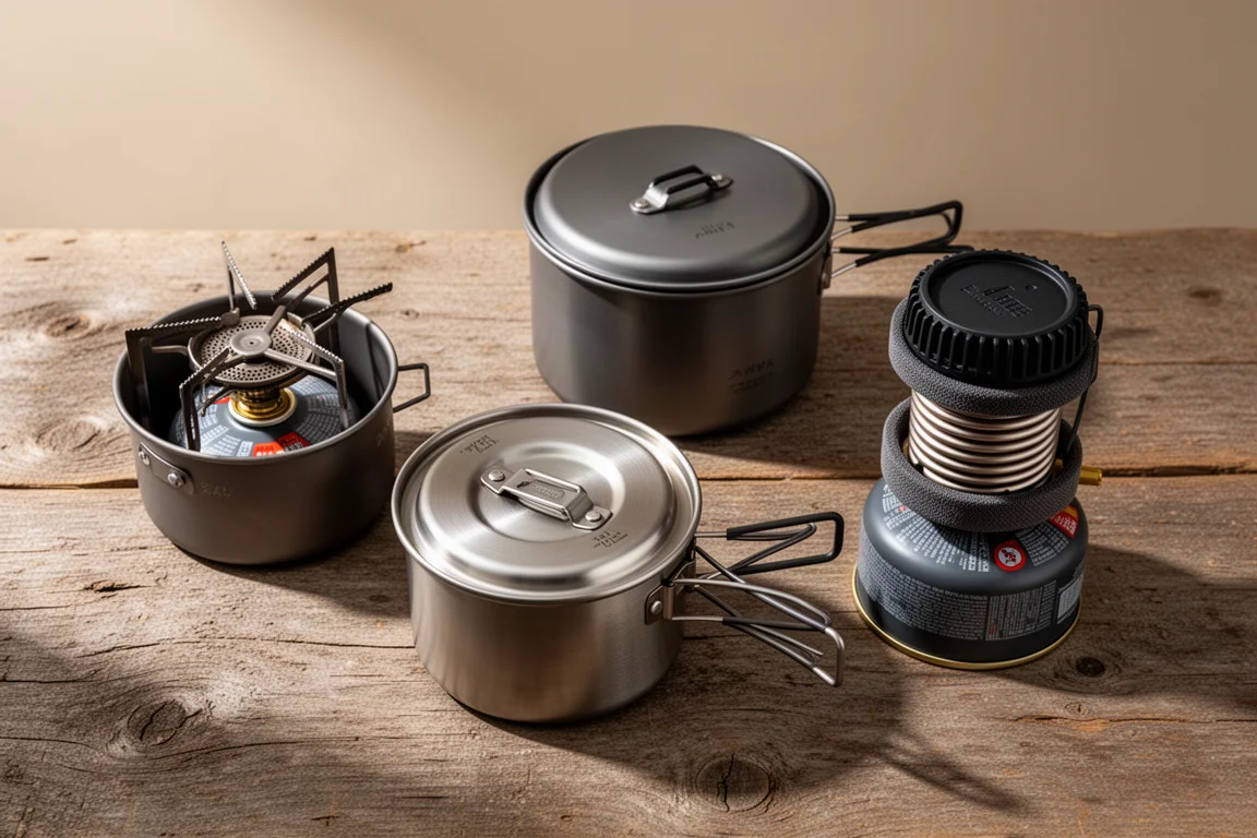 Backpacking stove and pot systems arranged as a flat-lay on a wooden surface