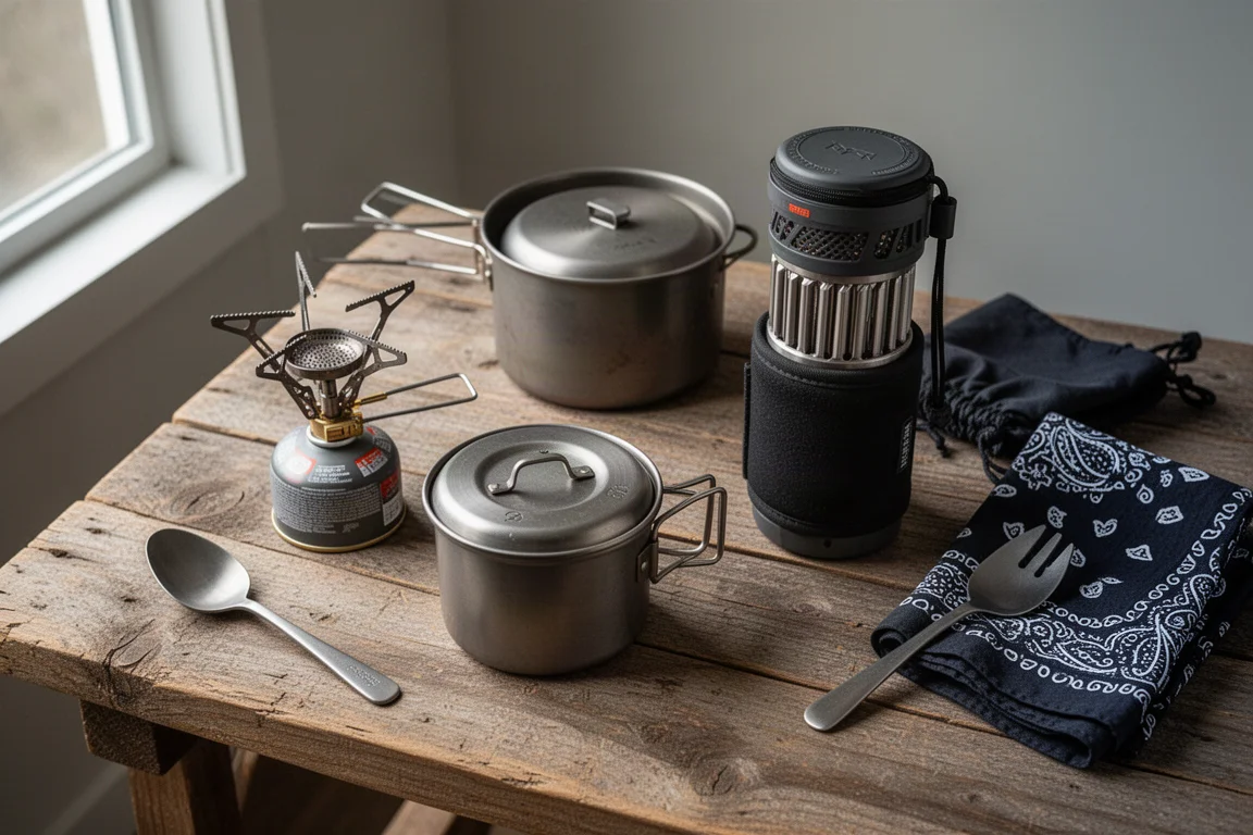 Backpacking stoves and titanium pots arranged on a wooden camp table