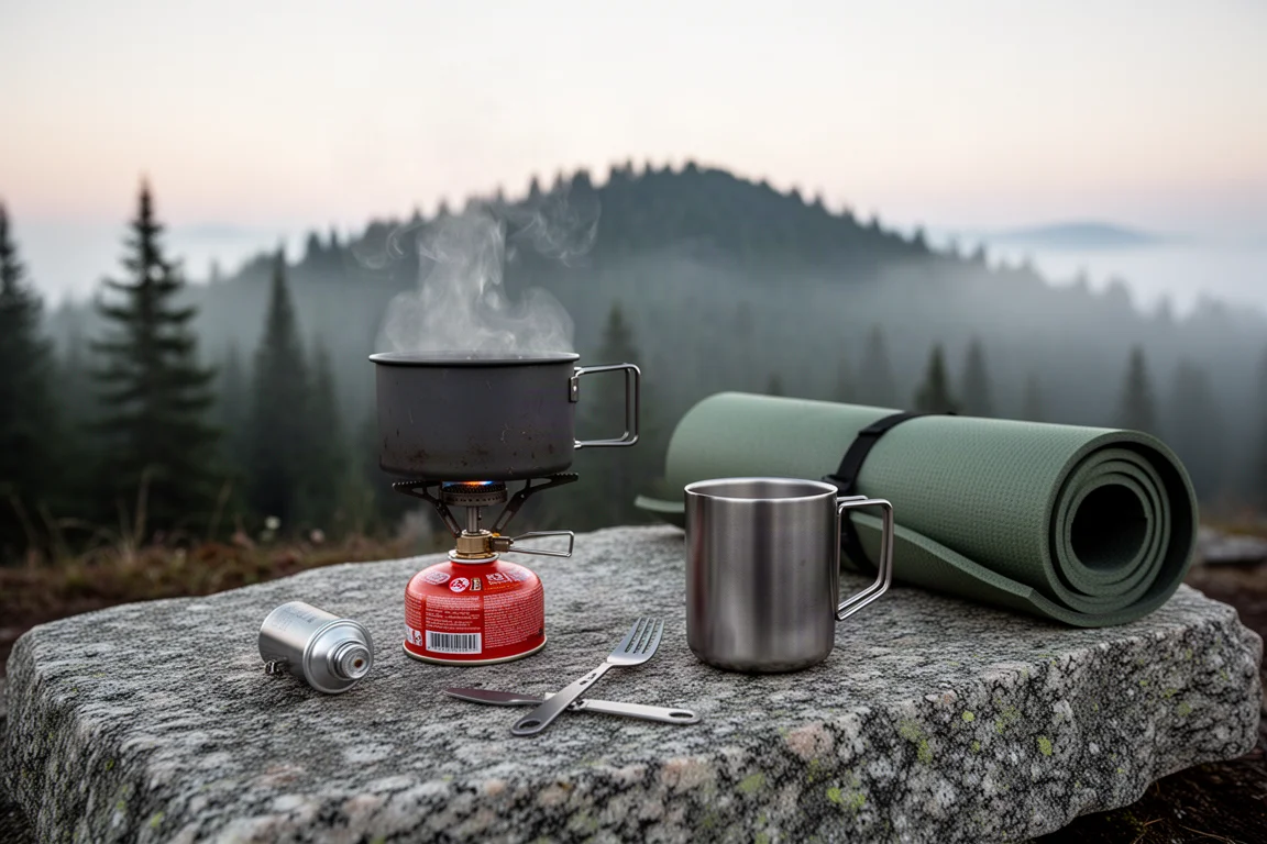 Camp kitchen with stove, steaming pot and mug on granite at dawn