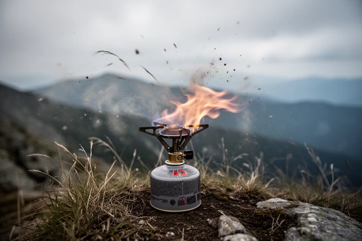 Small canister stove flame bending sideways in a strong ridge wind