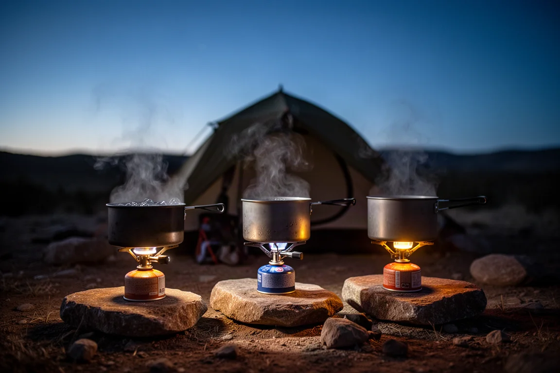 Group camp kitchen at dusk with three stoves and pots heating