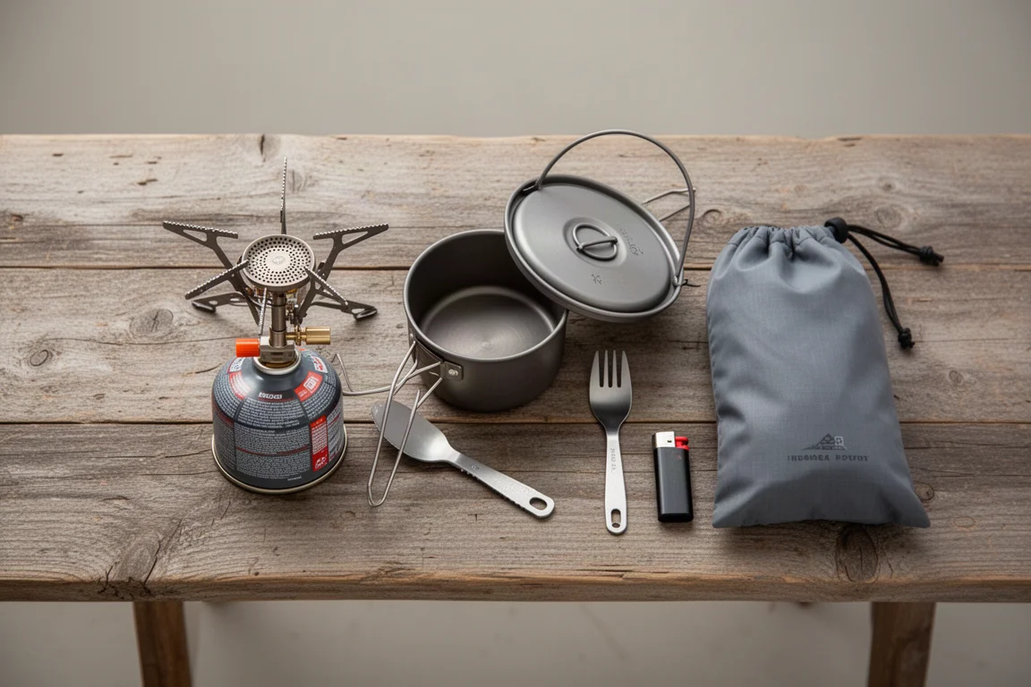 Overhead flat-lay of backpacking stove, pot, canister and spork